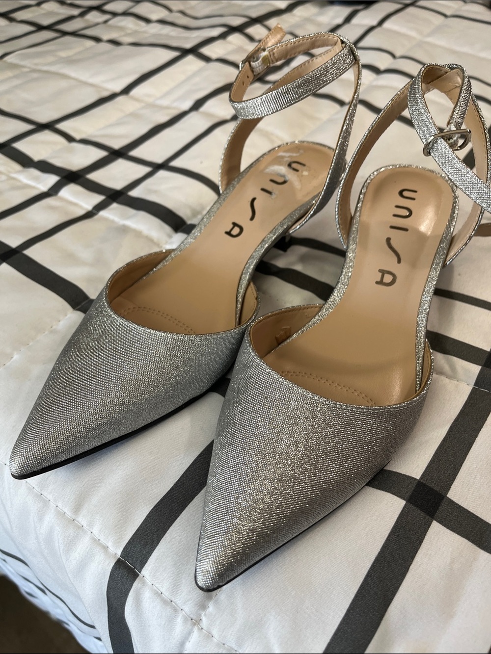 Unisa Silver Pointed Toe Ankle-Strap Pumps